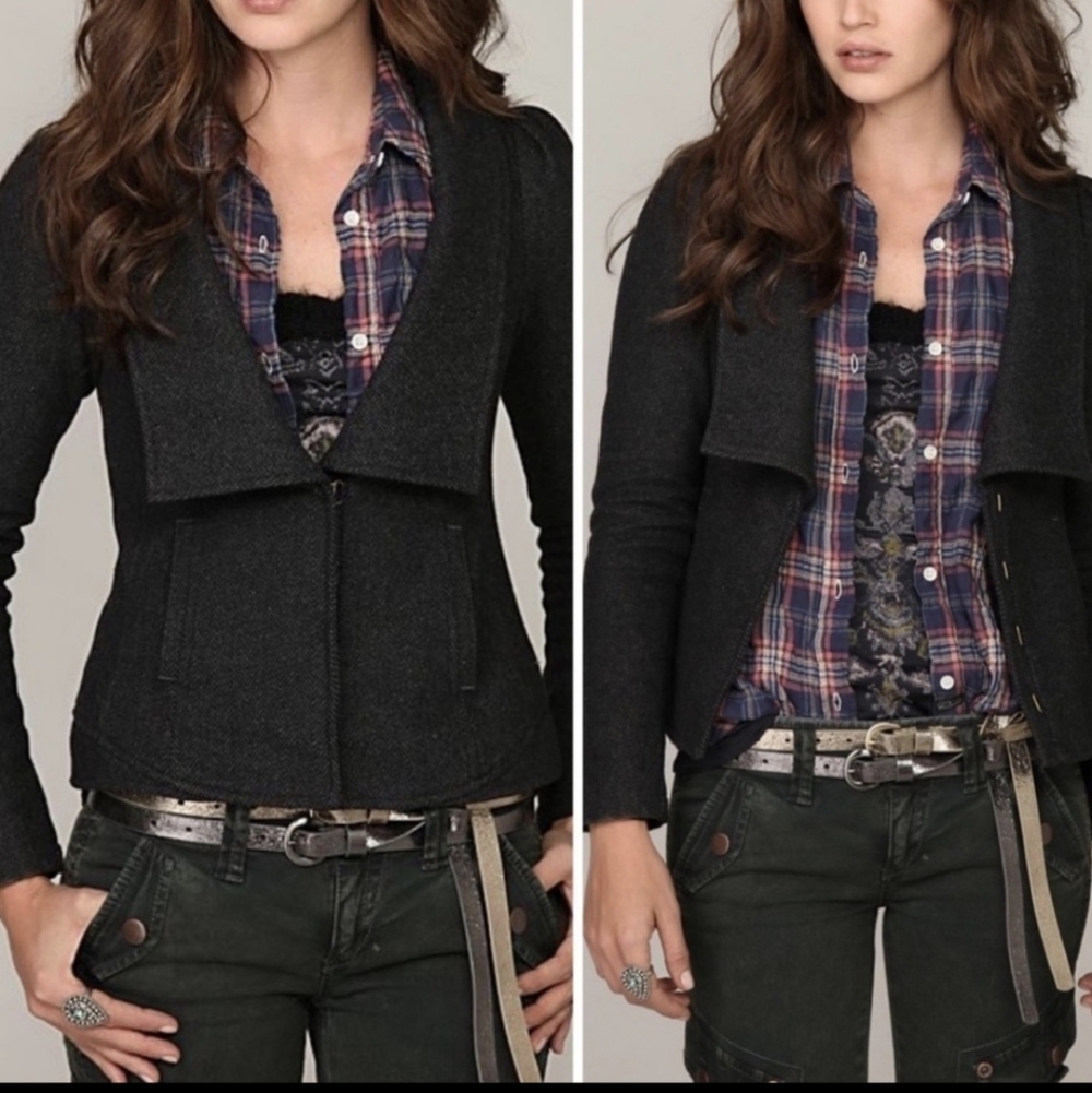Free People Herringbone Dark Grey Wool Blend Puff Sleeve Jacket/Blazer